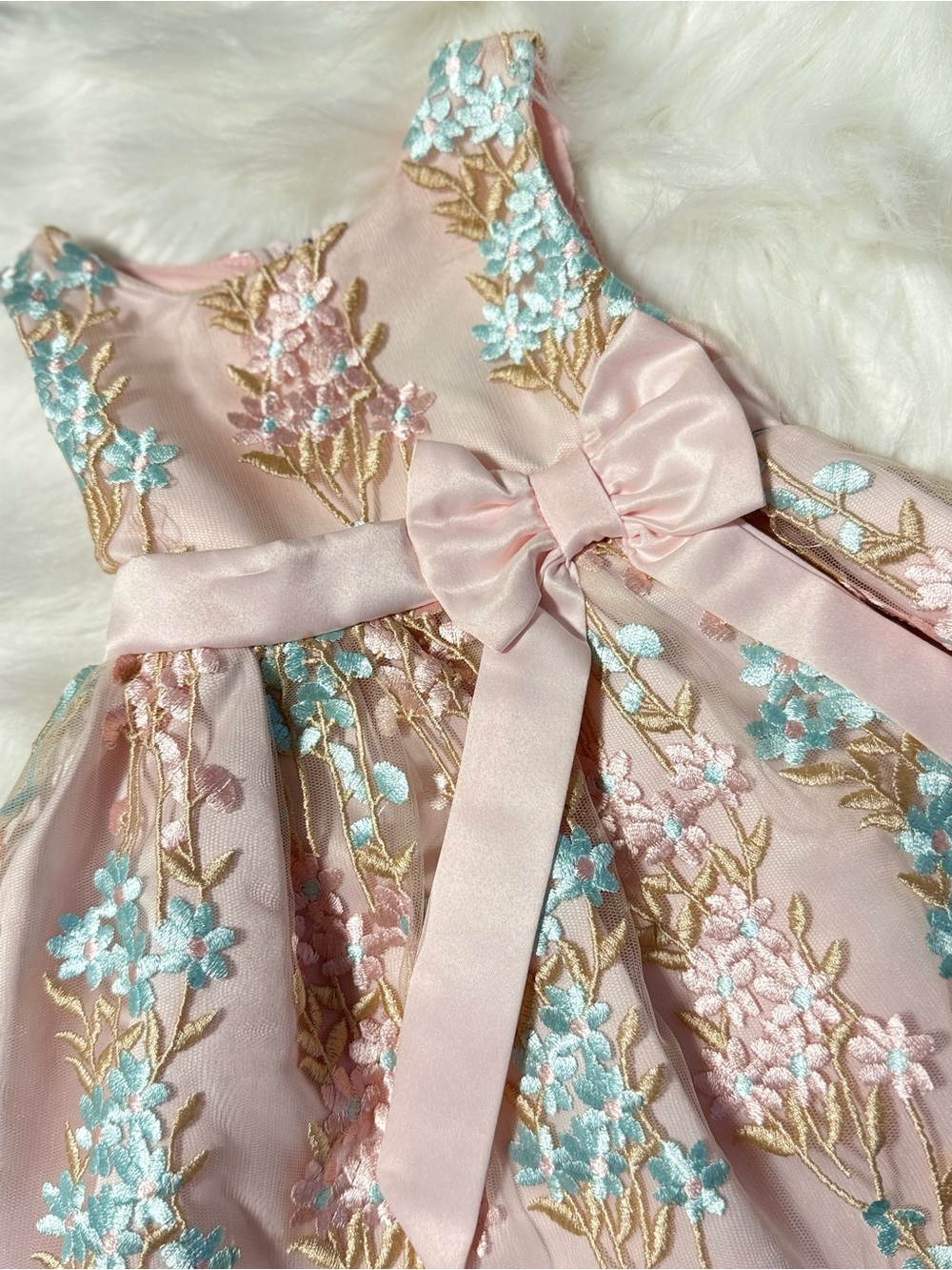 Rare Editions Pink Floral Embroidered Dress with Satin Bow